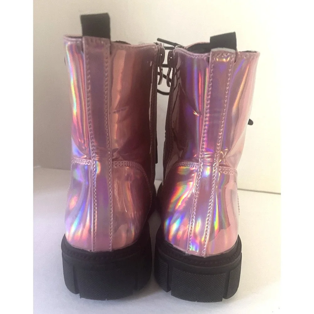 Bebe Girl's Pink Metallic Combat Ankle Boots Lace UP‎ Size 4 Girly Glam [776]
